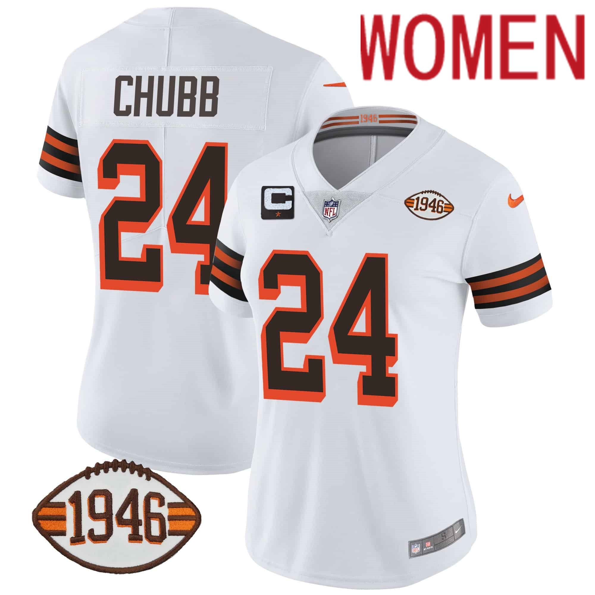 Women Cleveland Browns #24 Chubb White 1946 75th Anniversary Patch 2024 Nike NFL Jersey